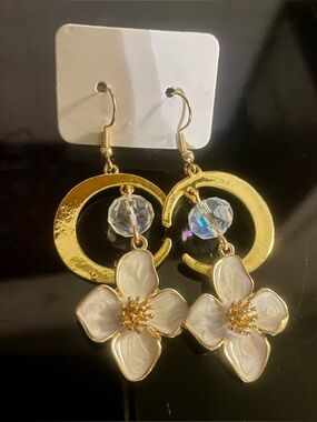 Hand Crafted White and Gold Dogwood Blossom Earrings